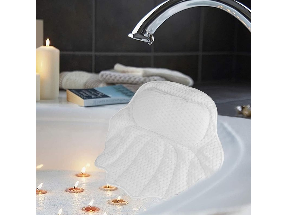 2026 almohada de Baño Linjou para Cabeza Y Cuello Impermeable Ergonómico Con Ventosas, Blanco 42x46x7cm