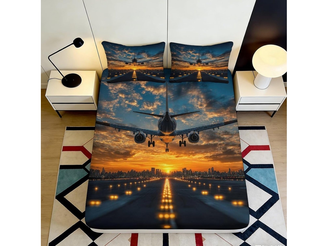 Conjunto de Cama com Estampa 3d Avião Ao Pô Microfibra Fronha 200x25cm