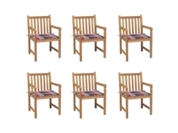 Vidaxl Cadeiras Jardim C/ Almofadões Xadrez Vermelho 6 Pcs Teca Maciça