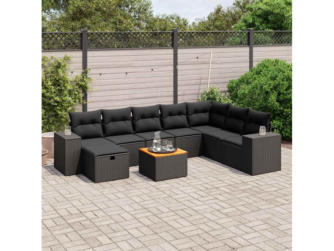 Vidaxl 9 Pcs Conjunto De Sofás P/ Jardim C/ Almofadões Vime Pe Preto