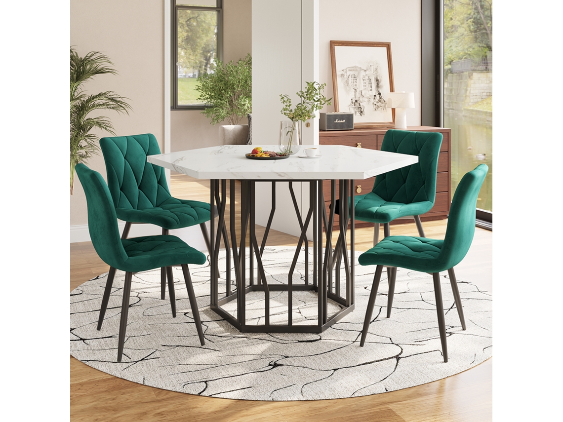 Mesa Hexagonal Mármore com 4 Cadeiras Veludo Verde VOLTEDGE