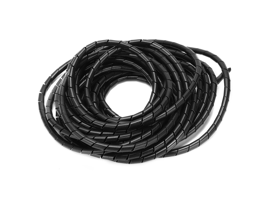 Organizador de cabos flexível com espiral preta, 8 mm de diâmetro e 10 metros para gerenciamento de cabos.