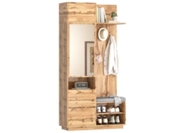 Roupeiro Compacto com Espelho, Banco e Sapateira Cor Natural 90 cm MOBRIO