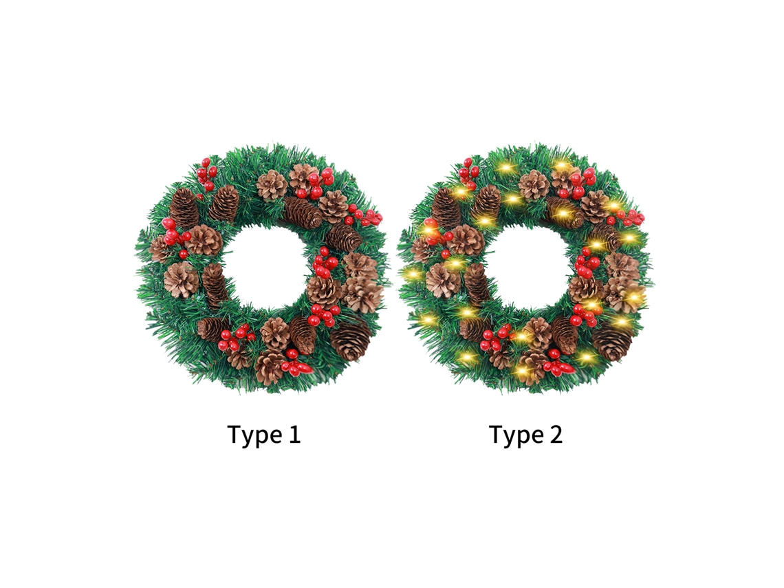 Aro de Natal artificial com luz LED pinhas frutas vermelhas 16 polegadas para porta parede decoração natalina | S/MARCA