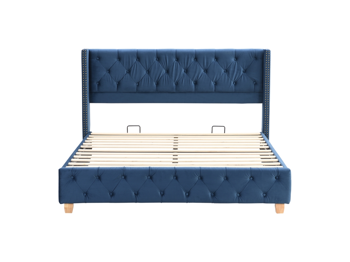 Cama Estofada 160x200 Cm Em Veludo Azul Com Acabamento Com Tachas