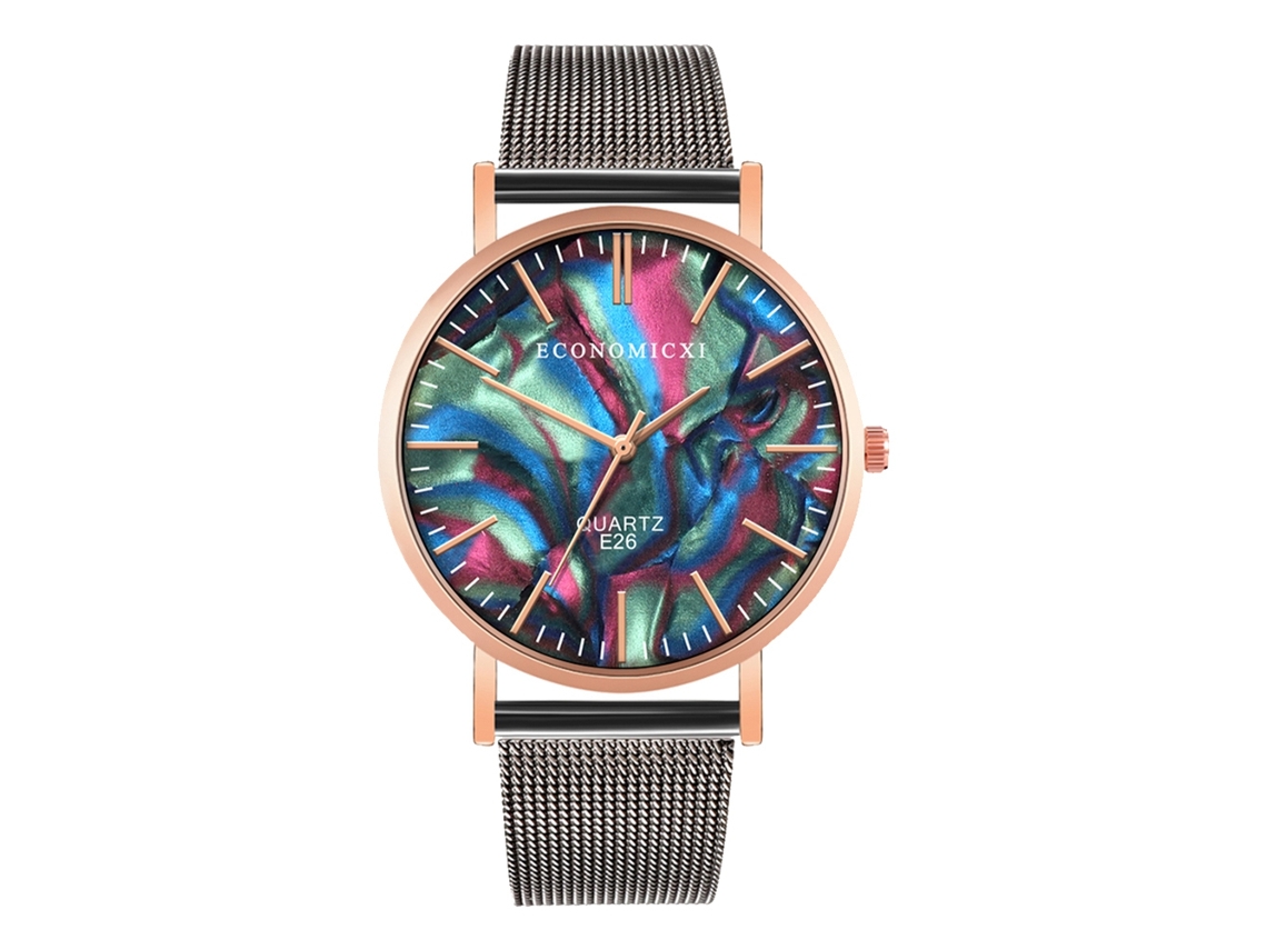 Reloj De Pulsera Zhoulianfa Con Correa De Malla De Aleación Dial Redondo Analógico Negro Y Oro Rosa