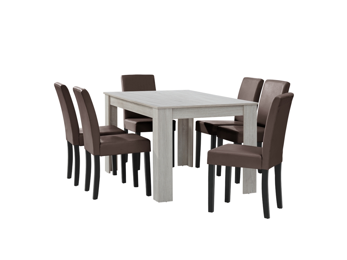 Mesa de Jantar + 6 Cadeiras Forssa Mdf e Couro Sintético 140X90X77Cm Carvalho Branco + Castanho [EN.CASA]