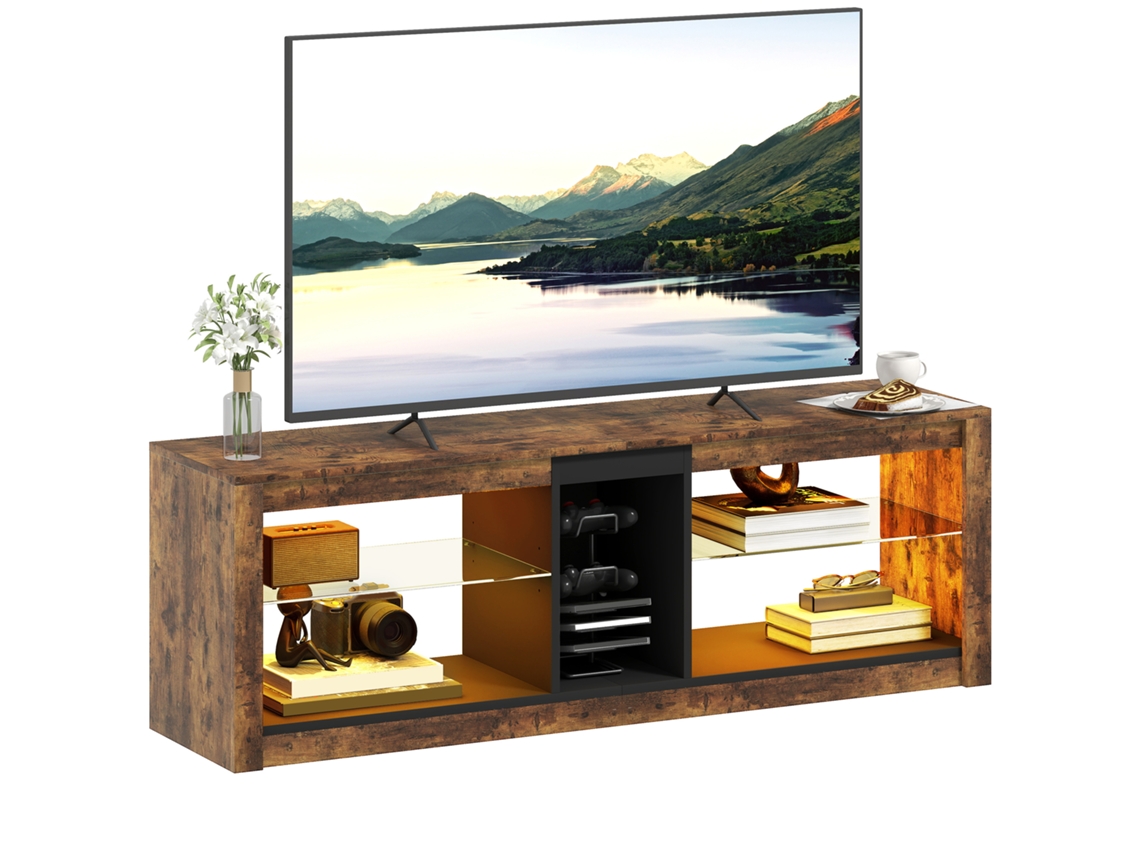 Suporte Para Tv Com Luzes Led E Controle Remoto, Prateleiras E Compartimentos Abertos, 140x35x47cm, Marrom