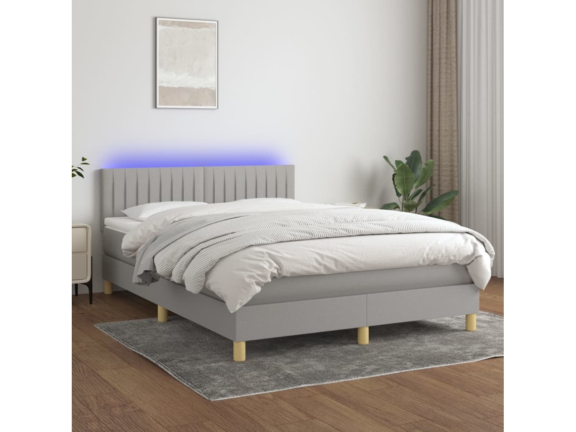 Vidaxl Cama Box Spring C/ Colchão E Led 140x190 Cm Tecido Cinza-claro