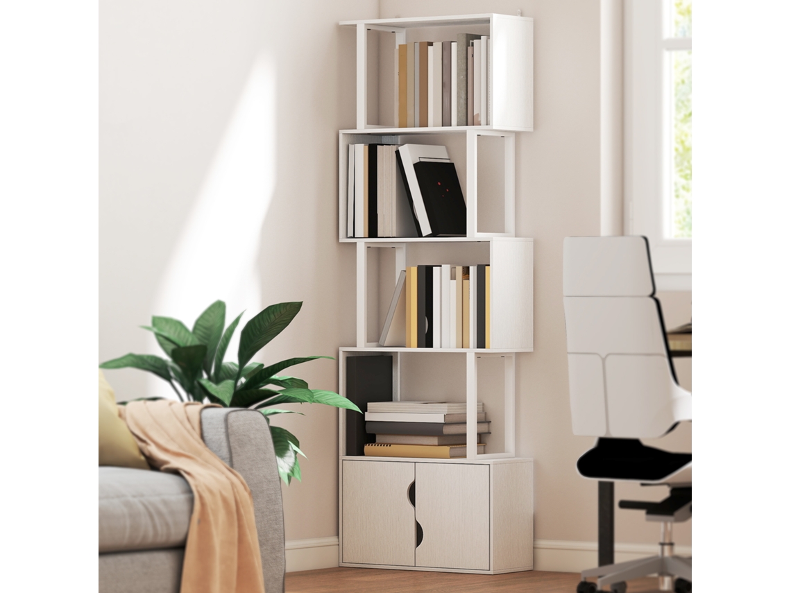 Estante De 5 Níveis Em Forma S Prateleira Livros Com 5 Prateleiras E 2 Portas 60x23.8x179.2 Cm Branco