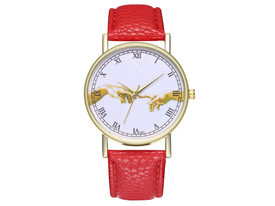 Relógio de quartzo unissex com pulseira de couro PU, mostrador com numerais romanos, estilo casual (vermelho)