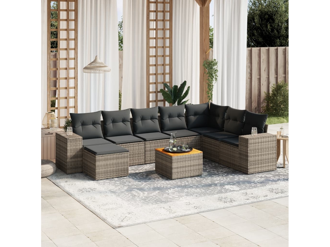 Vidaxl 9 Pcs Conjunto Sofás P/ Jardim Com Almofadões Vime Pe Cinzento