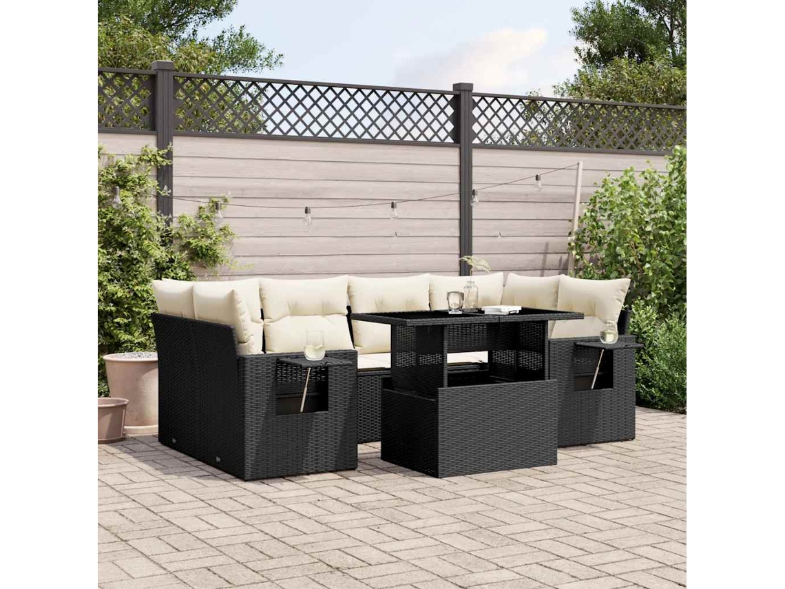 Vidaxl 7 Pcs Conjunto De Sofás P/ Jardim C/ Almofadões Vime Pe Preto