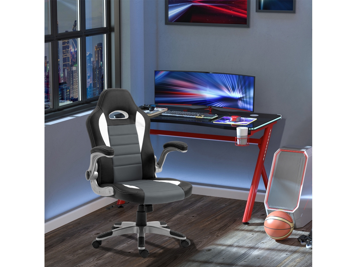 Cadeira De Escritório Ajustável Com Braços Dobráveis, 5 Rodas, Carga 120 Kg, 65x69x112-122 Cm, Cinza