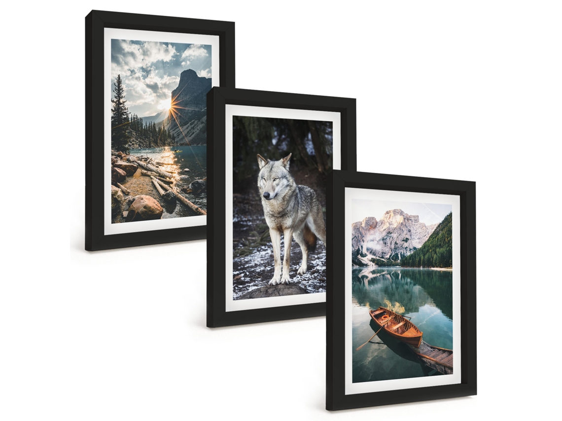 Composição De Quadros Na Parede Montanhas, Lago, Lobo, Natureza Moldura Preta Quadros Para A Sala De Estar Espelharte (3 Peças 20x30 Cm)