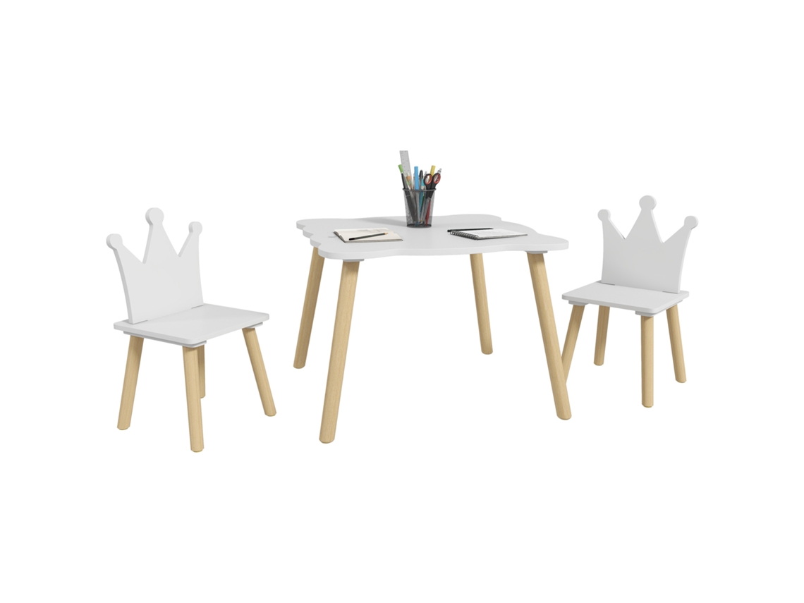 Conjunto de Mesa e 2 Cadeiras Infantis com Encosto Coroa, 3-6 Anos Branco BTFORUS