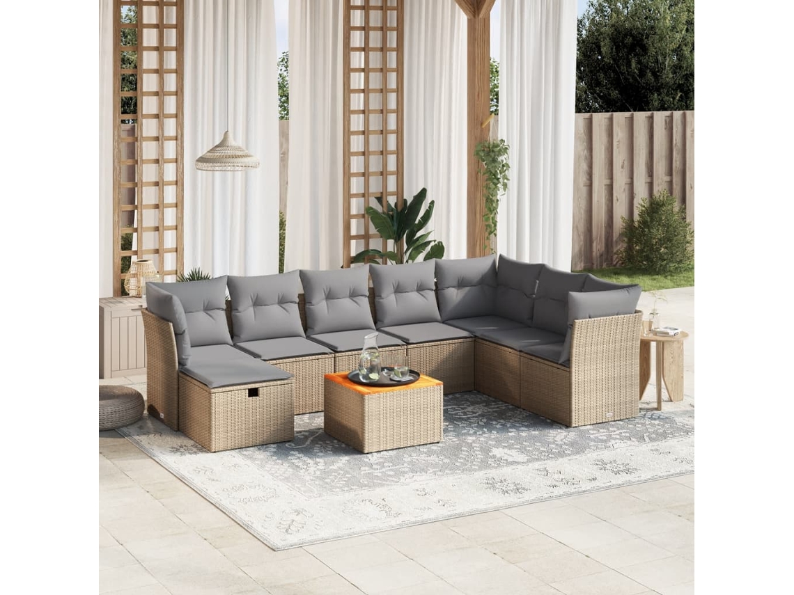 Vidaxl 9 Pcs Conj. Sofás Jardim C/ Almofadões Vime Pe Bege Misturado