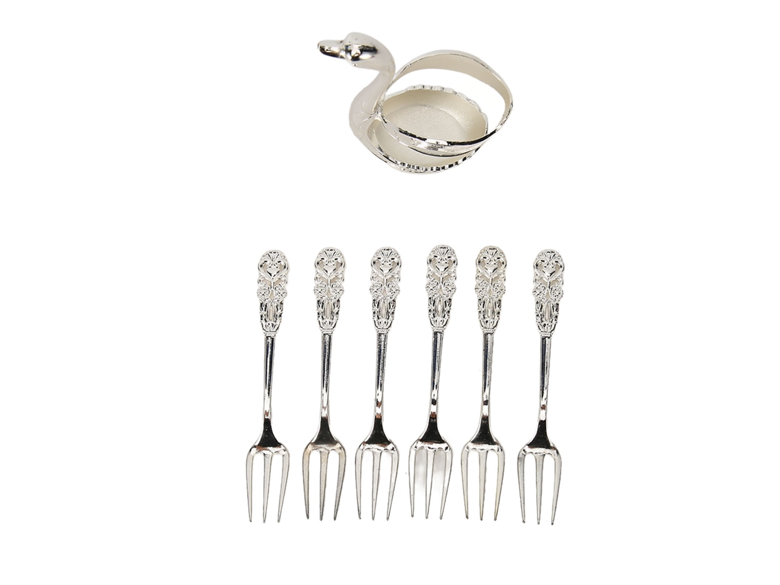 Set De Garfos Com Base Cisne De Alumínio Prata Antirroto Decorativo 6 Garfos Para Frutas E Sobremesas