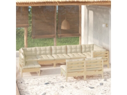 Vidaxl 9 Pcs Conjunto Lounge Jardim C/ Almofadões Creme Pinho Maciço