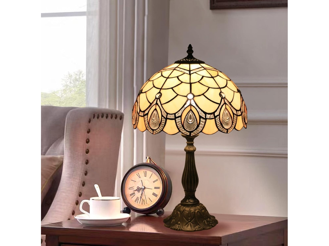 Abajur De Mesa Barroco Estilo Tiffany Com Cúpula Vitral 30cm Diâmetro Base Em Liga Zinco, Ideal Para Leitura Em Quartos