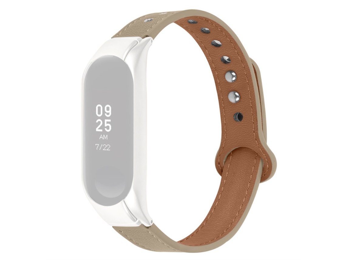 Bracelete de Couro Genuíno com Rebite Duplo Preto Regulável para Xiaomi Mi Band 7 Castanho Claro