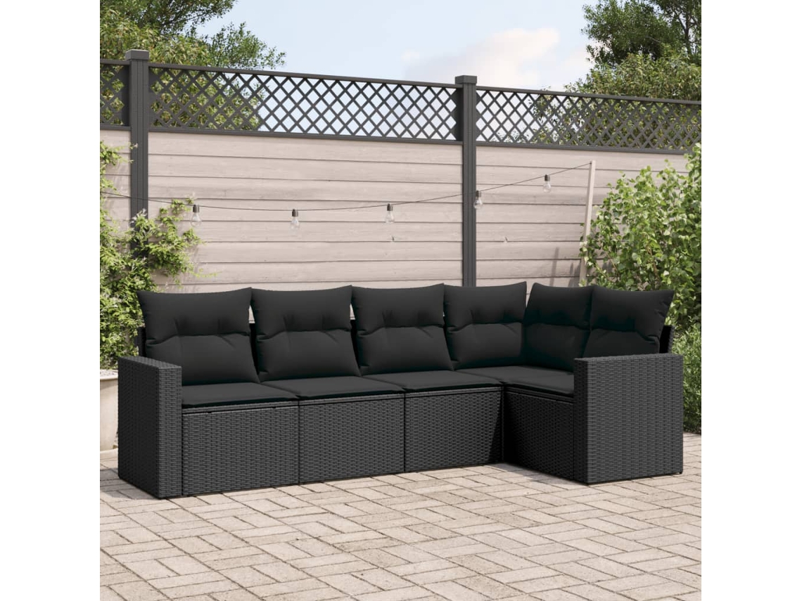 Vidaxl 5 Pcs Conjunto Sofás De Jardim Com Almofadões Vime Pe Preto