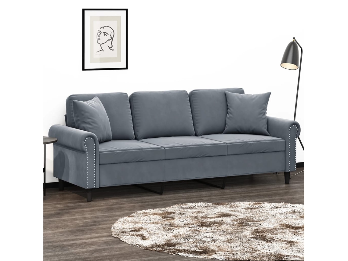 Vidaxl Sofá 3 Lug. C/ Almofadas Decorativas 180 Cm Veludo Cinza-escuro