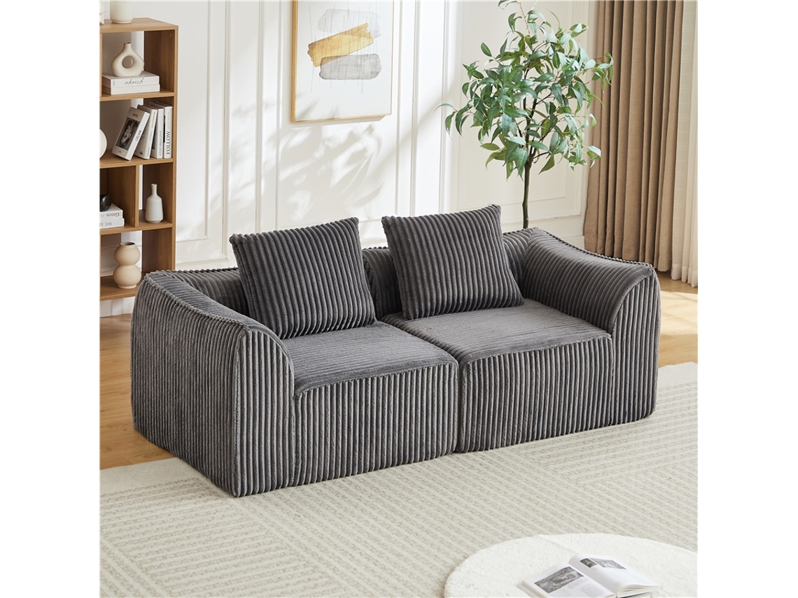 Sofá Veludo Cotelê 235cm 2 Almofadas Linhas Curvas VELTRIX