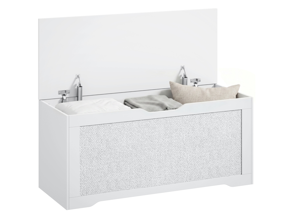 Baú De Arrumação 108l Com Painel De Ratã E Tampa Com Braços De Apoio. 80x40x45 Cm. Branco