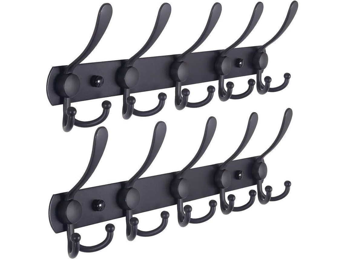 Suporte de Cabideiro de Parede com 5 Ganchos Triplos, Aço Inox, 2 Peças, Preto