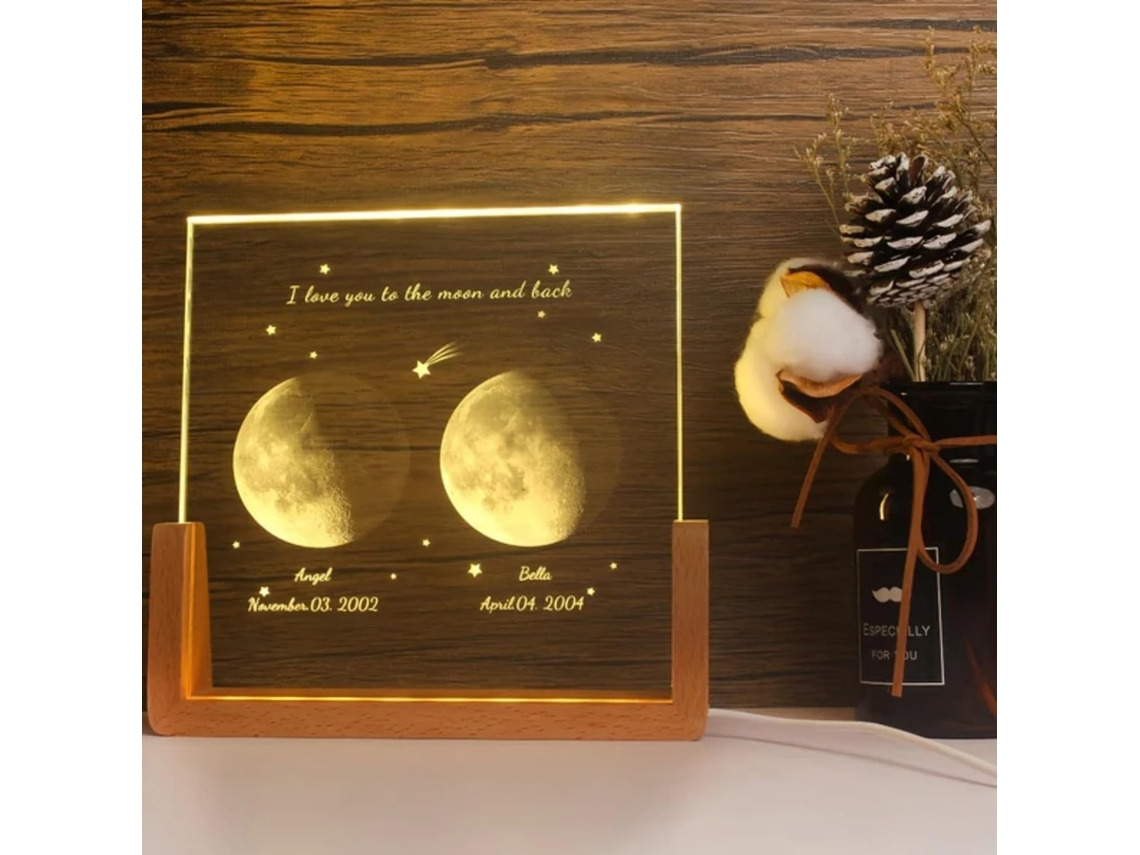 Luminária Noturna Personalizada Com Fases Da Lua Em Cristal, Nome E De