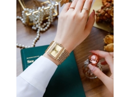 Lurelia Relógio Feminino, Detalhes Com Strass, Pele, Preto, Dourado