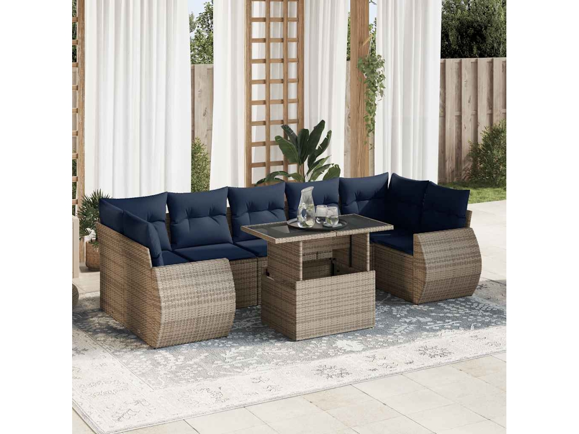Vidaxl 8 Pcs Conjunto Sofás Jardim Almofadões Vime Pe/acácia Cinzento