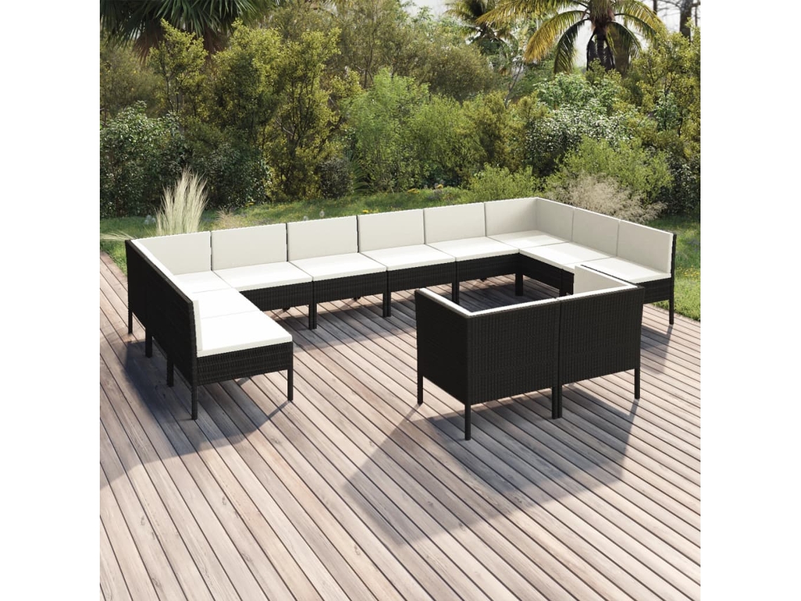 Vidaxl 12 Pcs Conjunto Lounge De Jardim C/ Almofadões Vime Pe Preto