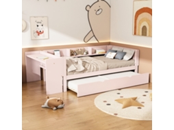 Sofá cama infantil multifuncional 90x200 Cm com cama auxiliar, escrivaninha e prateleiras, na cor rosa VSOGA