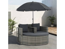 Vidaxl Sofá Jardim 2 Lugares Vime Pe Cinzento Almofadões E Guarda-sol