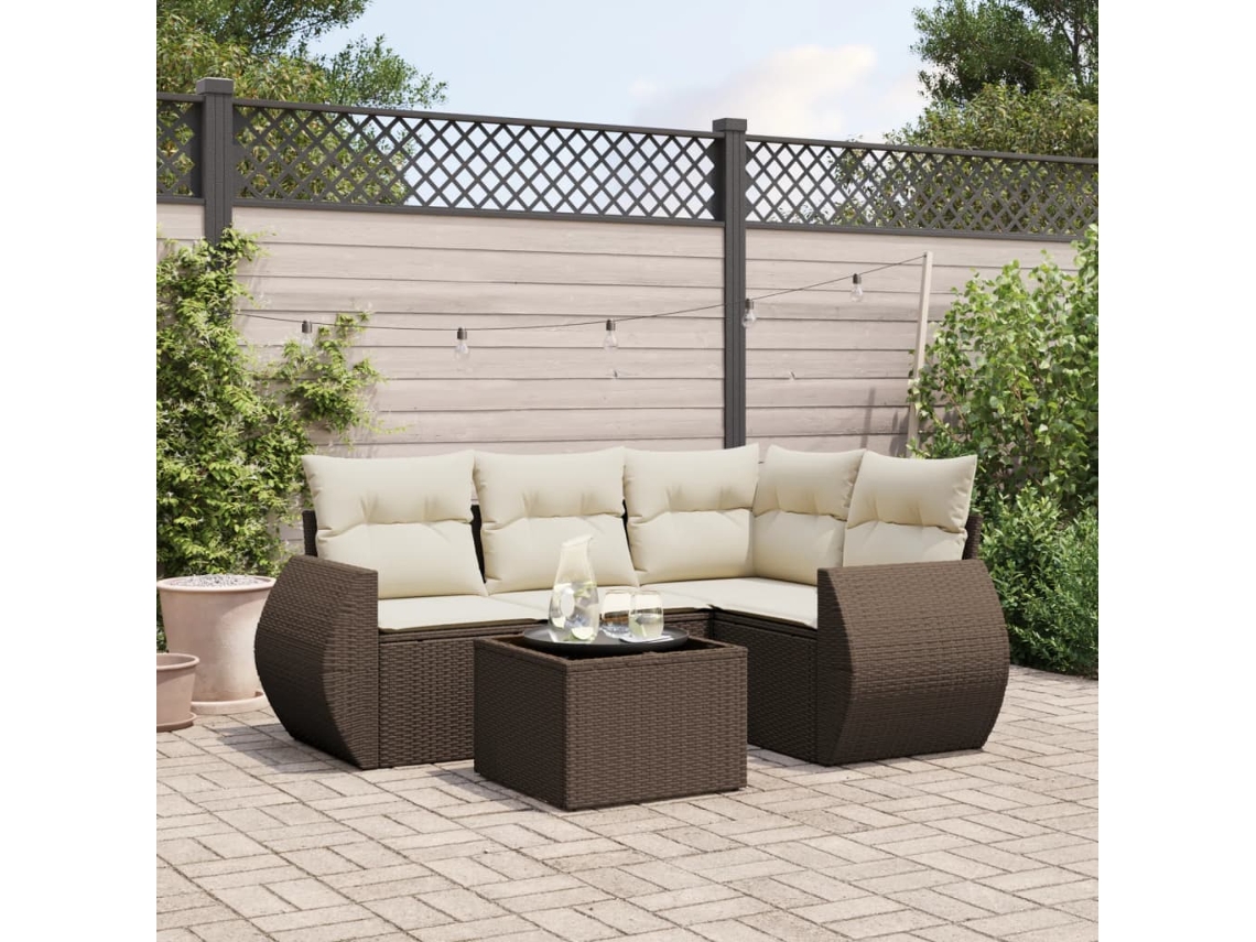 Vidaxl 5 Pcs Conjunto Sofás P/ Jardim C/ Almofadões Vime Pe Castanho