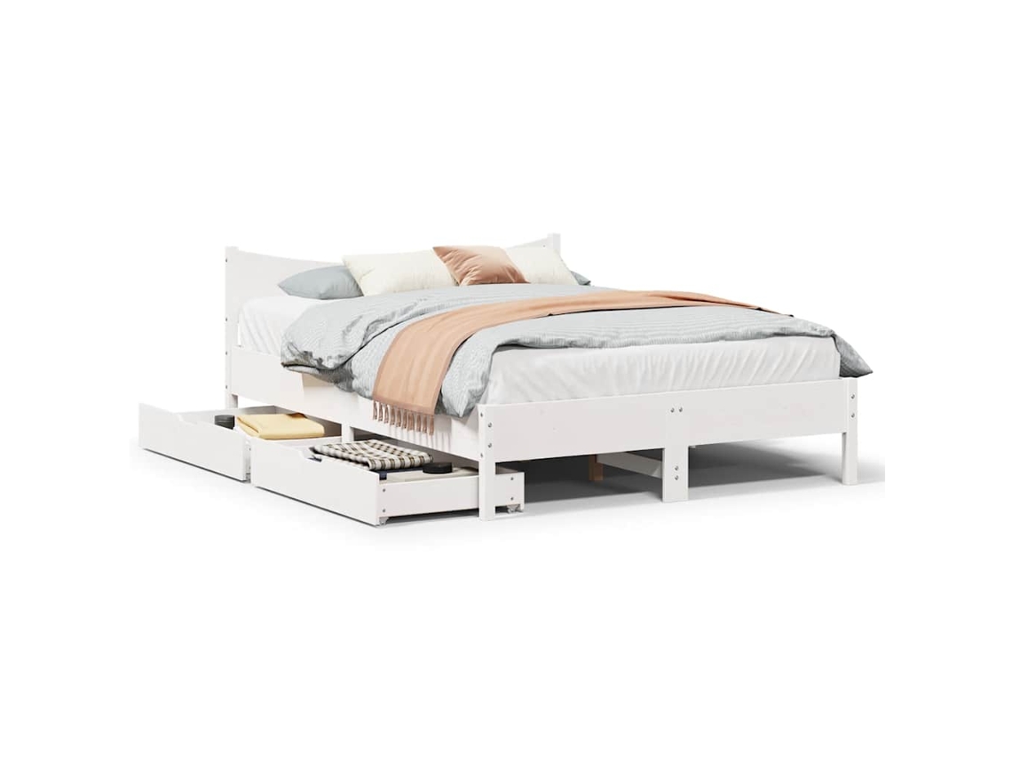 Vidaxl Estrutura De Cama Com Gavetas 120x190 Cm Pinho Maciço Branco