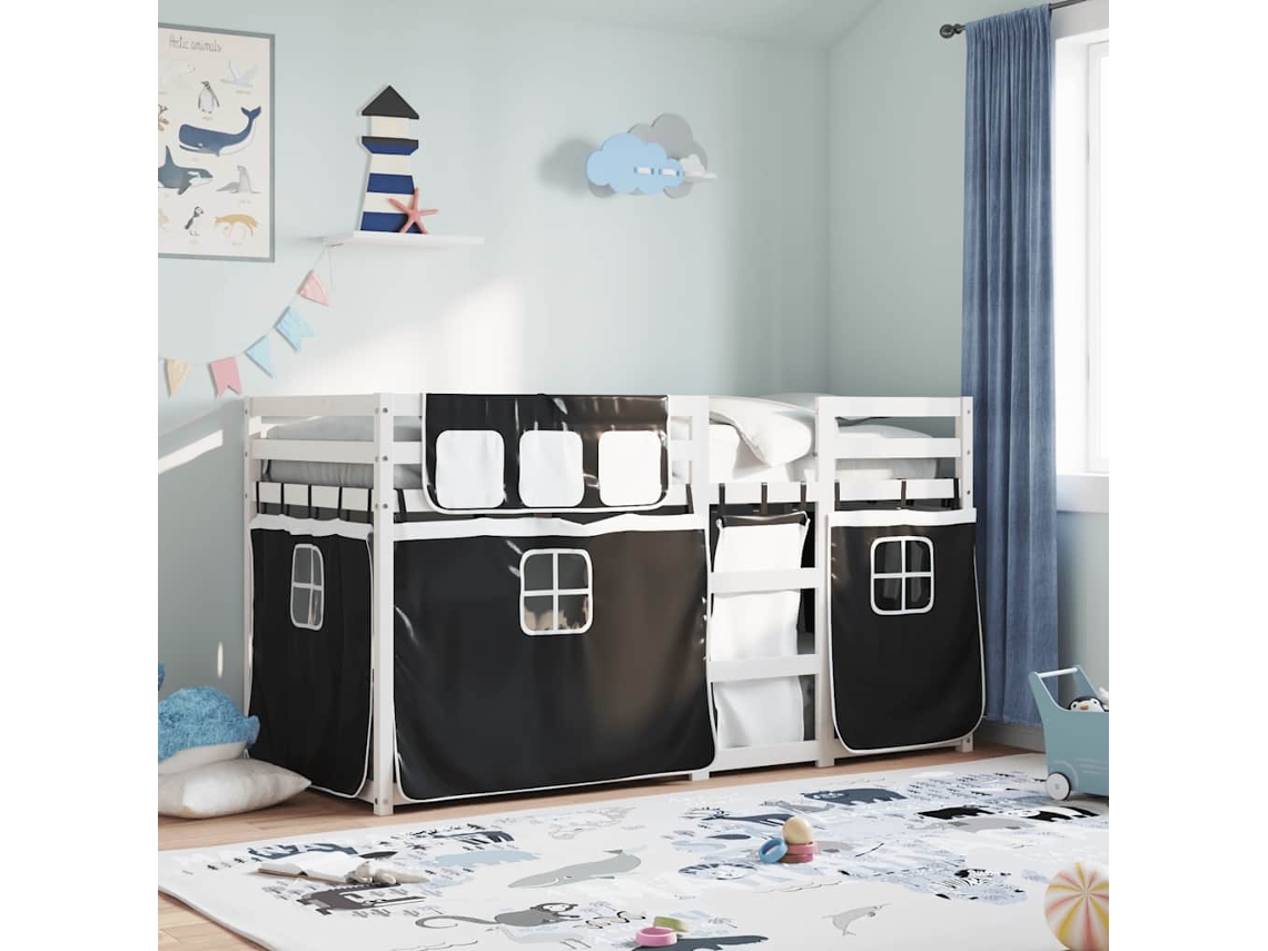 Beliche Com Cortinas 90x190 Cm Pinho Maciço Branco E Preto