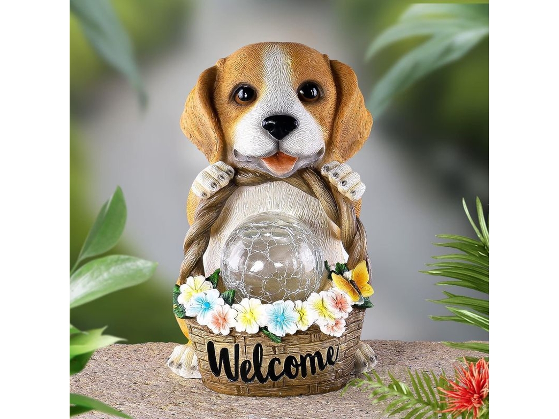 Figura De Perro Solar Para Jardim, Decoração De Resina Com Esfera De Cristal E Luz Led