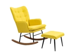 Cadeira de Balanço com Puff Skandi Cadeira de Baloiço com Banquinho, Madeira de Faia, Quilting, 64 Cm X 89 Cm X 90 Cm Amarelo Ge