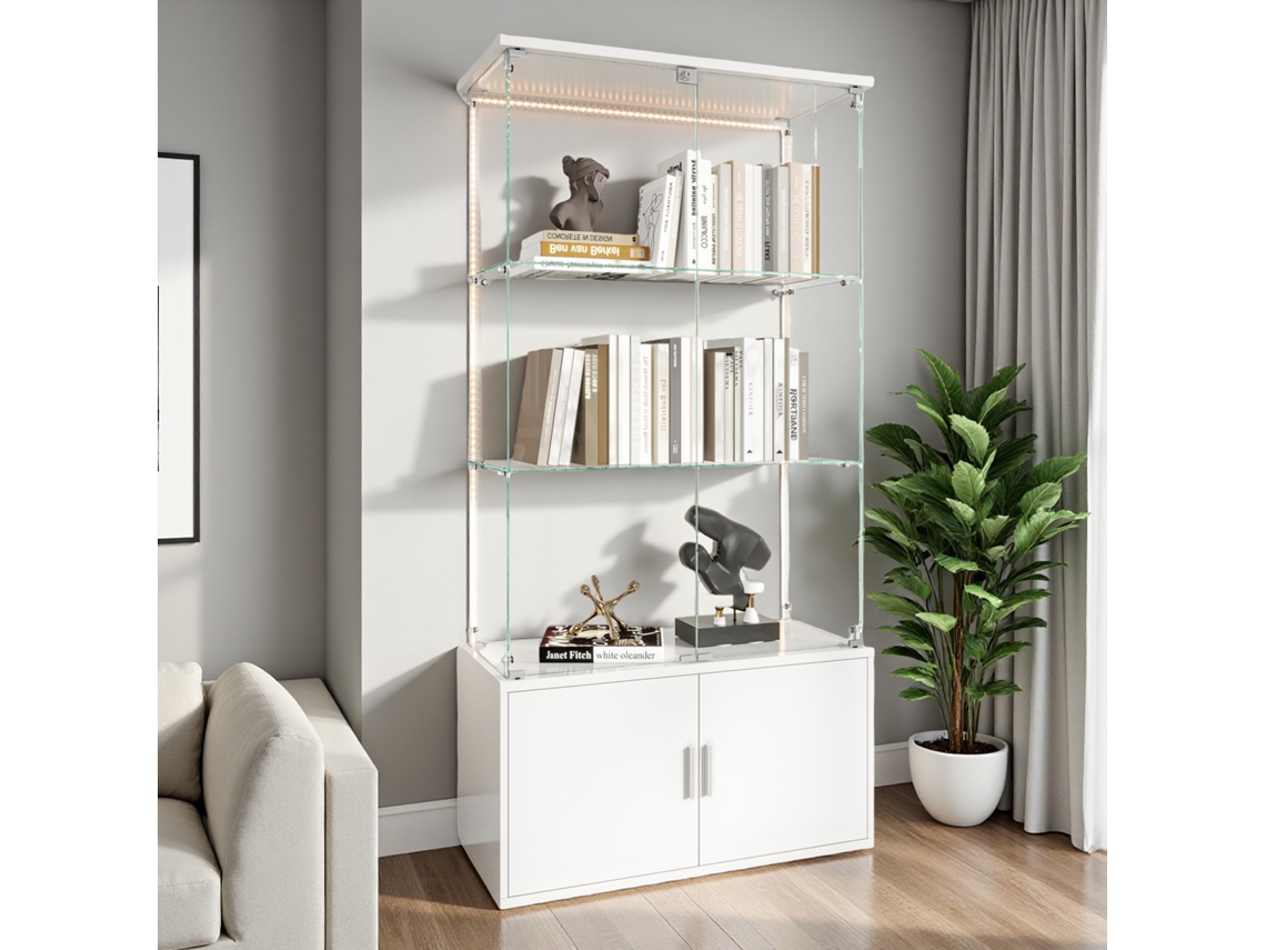 Vitrine De Vidro 164 X 79 X 35 Cm Com 3 Prateleiras De Led E Portas Duplas Vitrine Para Sala De Estar Branco Rosahqnda