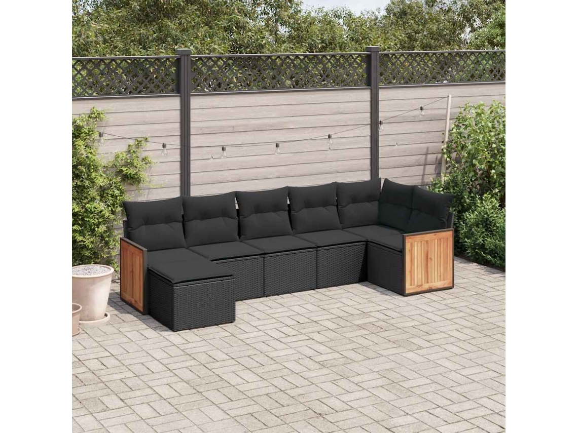 Vidaxl 7 Pcs Conjunto De Sofás P/ Jardim C/ Almofadões Vime Pe Preto
