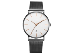 Reloj De Muñeca De Cuarzo Con Dial Redondo Moda (cinturón Negro Caja Negra Espejo Blanco Agujas Doradas Rosa)