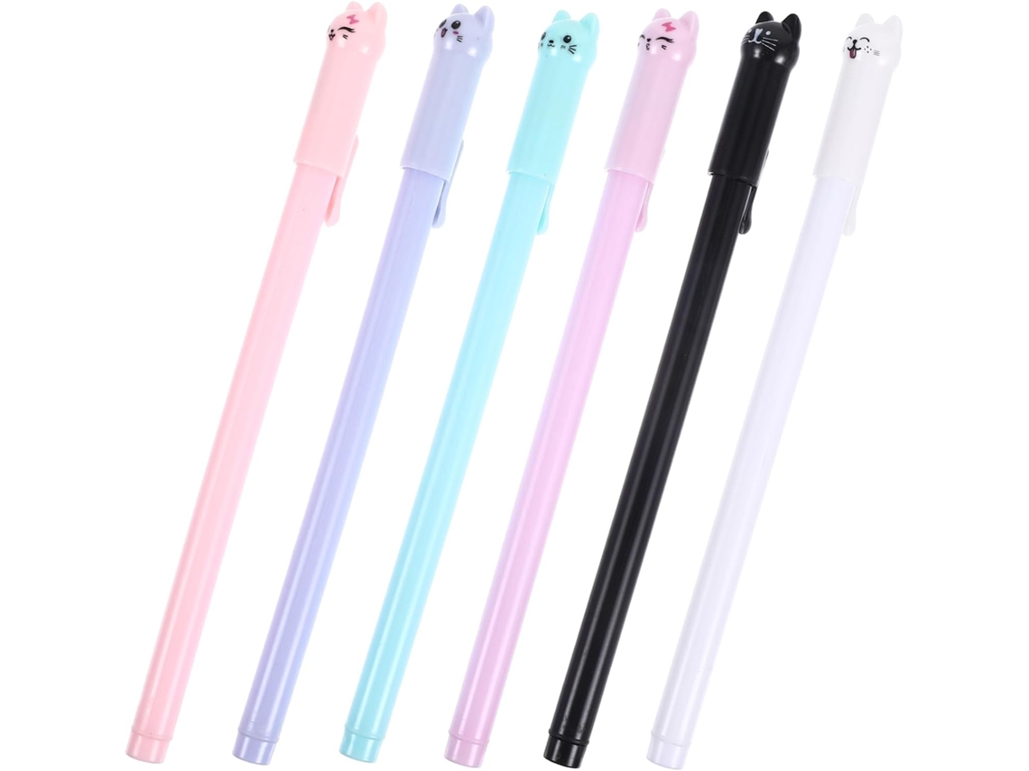 Conjunto De 6 Canetas Kawaii Com Estampa Gato. Gel Plástico Leves E