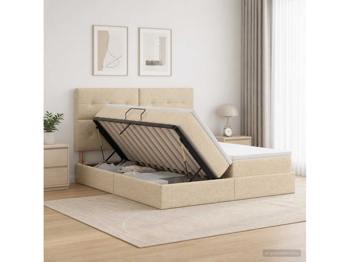 Vidaxl Cama Com Armazenamento Com Cabeceira Creme 200 X 200 Cm Tecido