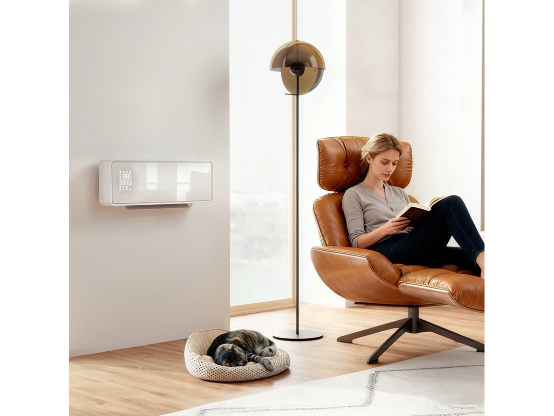 Aquecedor De Parede Cerâmico 2000w Com Ventilador, Termostato, Timer, Controle Remoto E Painel De Vidro Branco