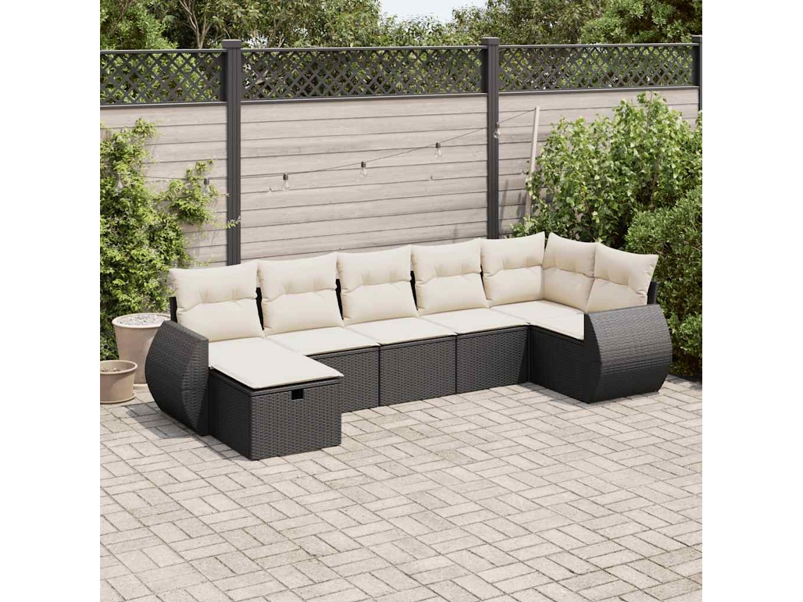 Vidaxl 7 Pcs Conjunto De Sofás P/ Jardim C/ Almofadões Vime Pe Preto