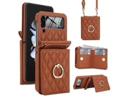 Capa Para Celular Samsung Galaxy Z Flip3 5g Com Textura Rômbica Integrada, Compartimento Para Cartão Rfid E Cordão Longo.