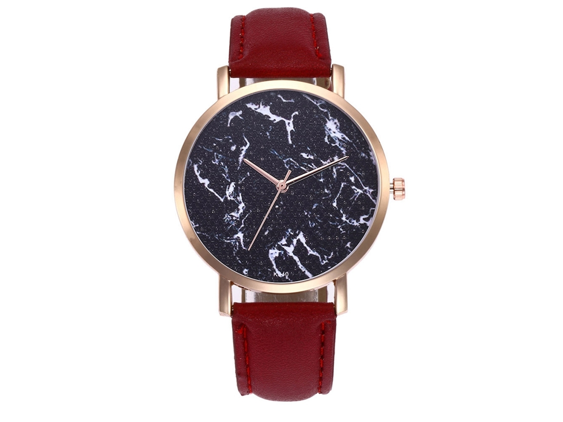 Relógio de casal Zhoulianfa, mostrador de mármore preto, aço, pulseira de couro PU vermelho.